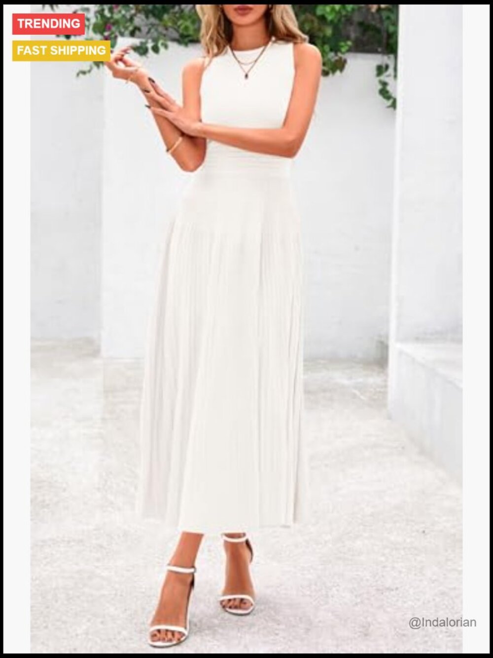 Sleeveless Crew Neck Swing A Line Pleated Midi Cocktail Dress - Picture 4 of 7